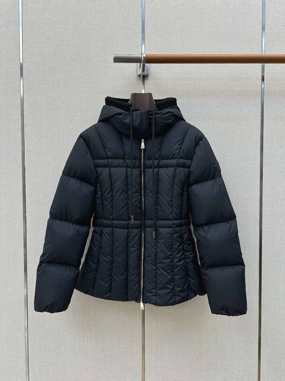 Moncler Black Quilted Down Coat Knit Trim Hood Drawstring